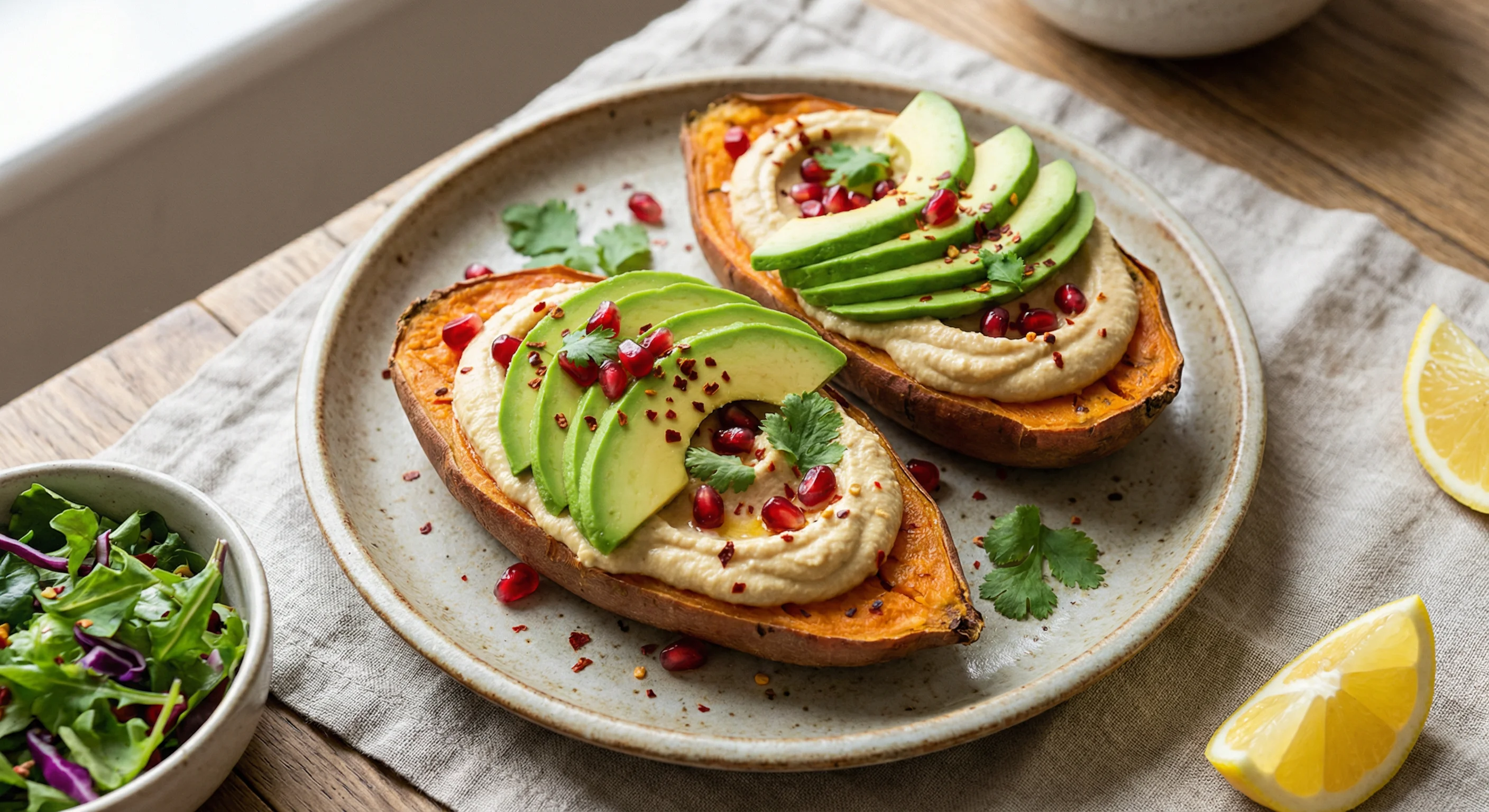 Boniatos asados con hummus y aguacate